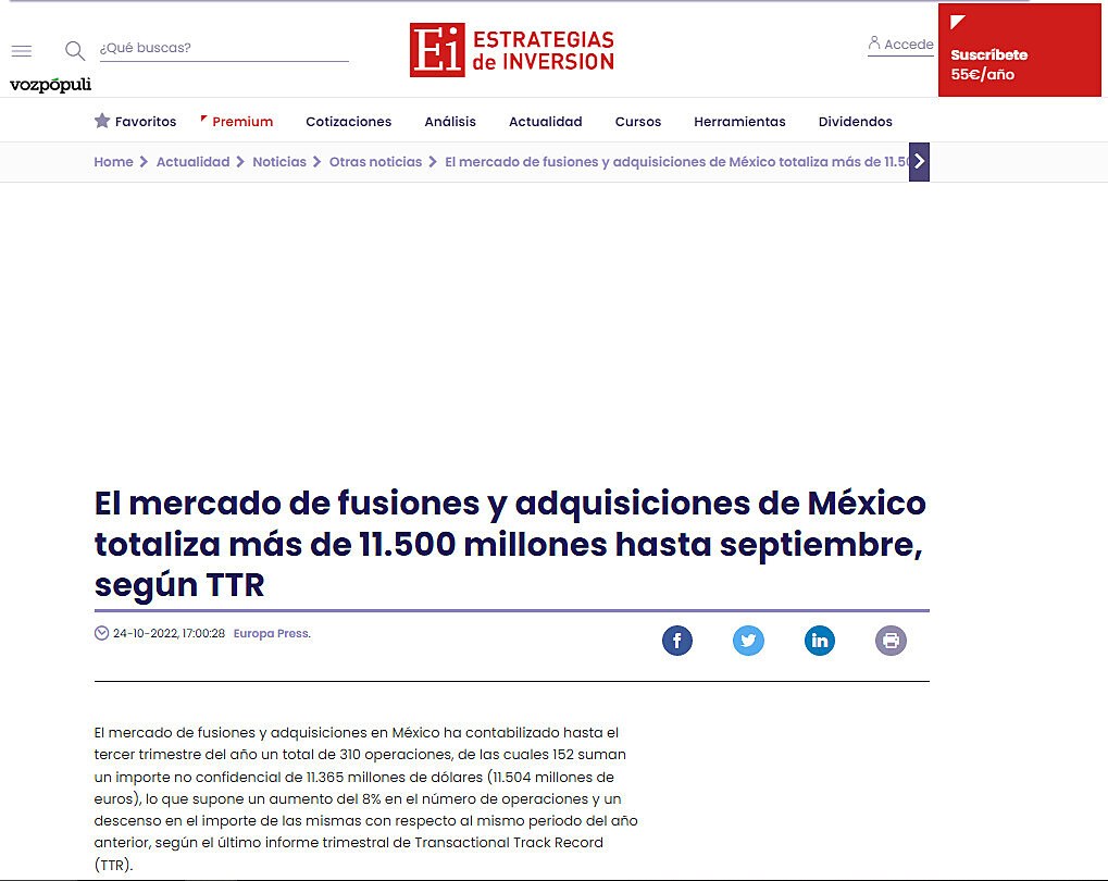 El mercado de fusiones y adquisiciones de Mxico totaliza ms de 11.500 millones hasta septiembre, segn TTR